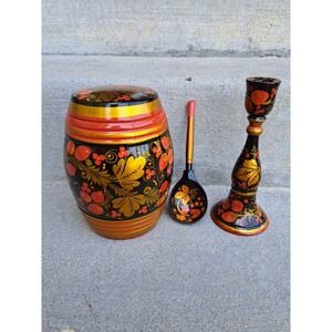 Russian Hand Painted Khokhloma Wooden Food Container Spoon Candle Holder